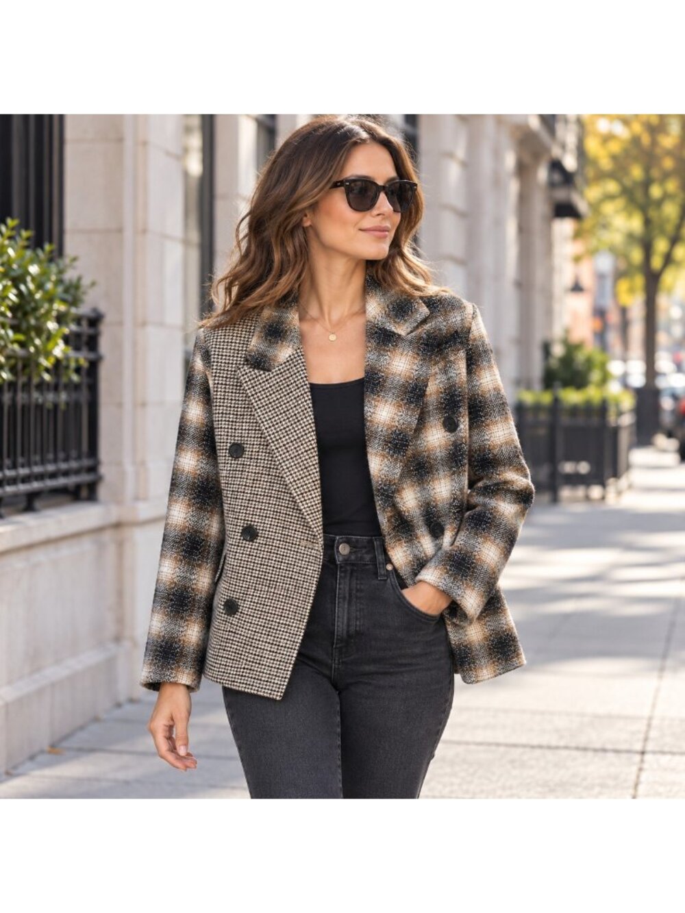 AVEC LES FILLES Mixed Plaid Boxy Cropped Blazer Coat Dark Olive Size XS NWT
